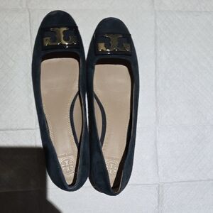 Tory Burch Navy Suede Flats with Gold Logo